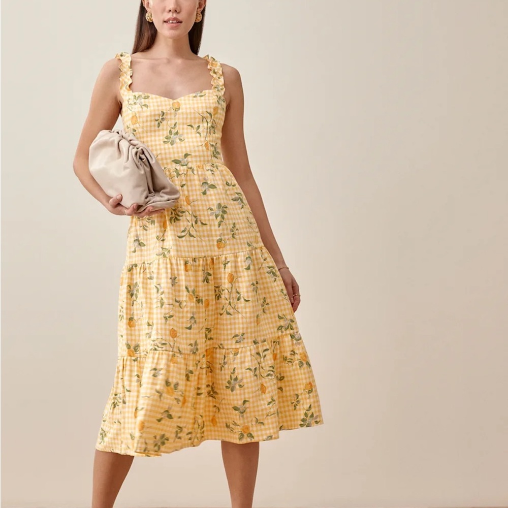 Reformation Yellow Gingham Floral Midi Dress